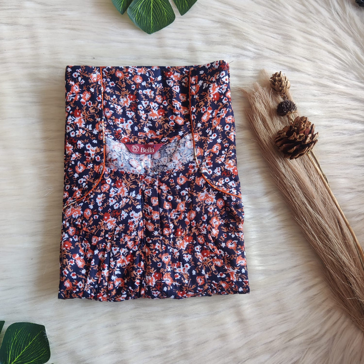 Orange Floral Printed Navy Blue Premium Cotton Pleated Zip Nighty | Free Size | Chest Width 44″| Length 54″-55″