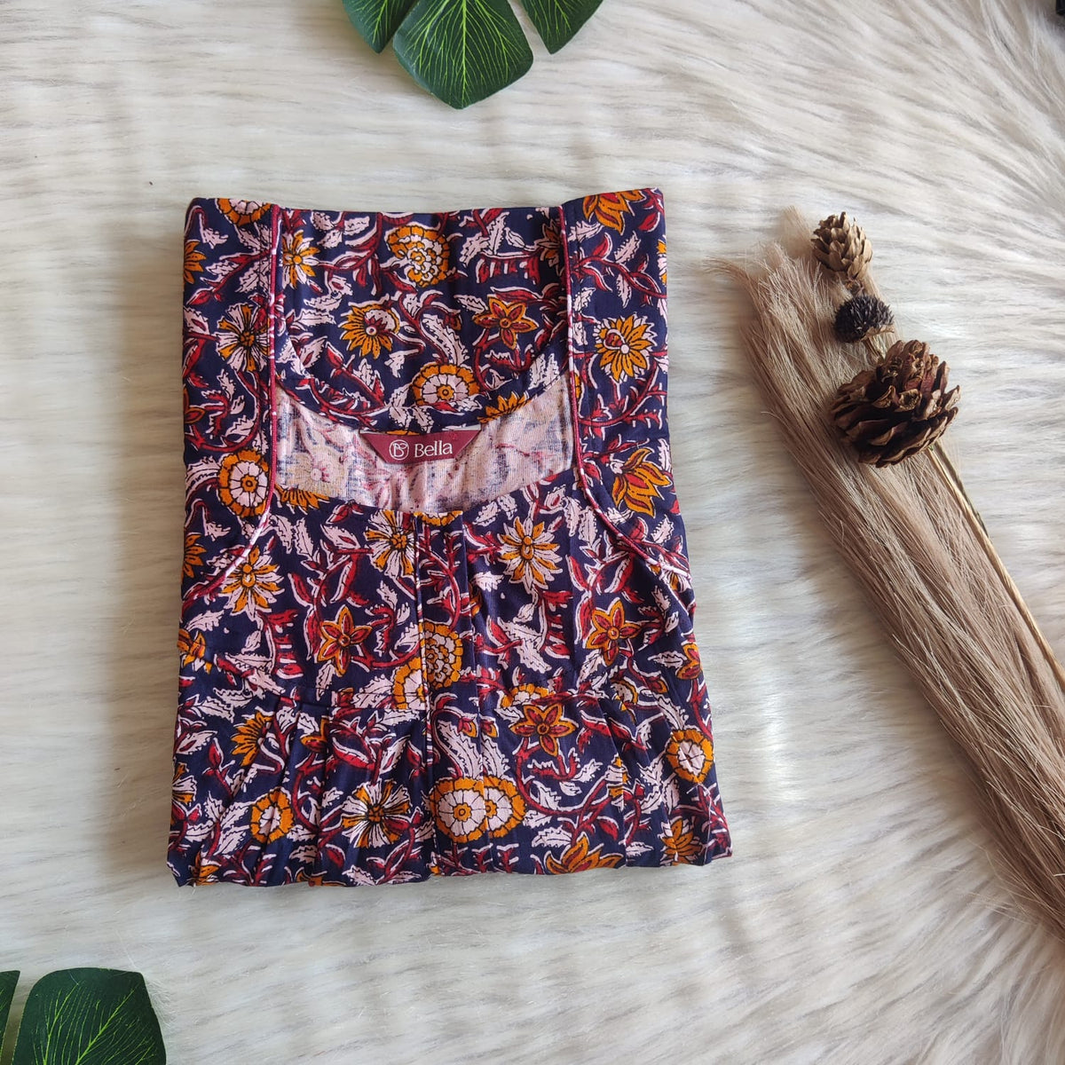 Yellow Floral Printed Navy Blue Premium Cotton Pleated Zip Nighty | Free Size | Chest Width 44″| Length 54″-55″