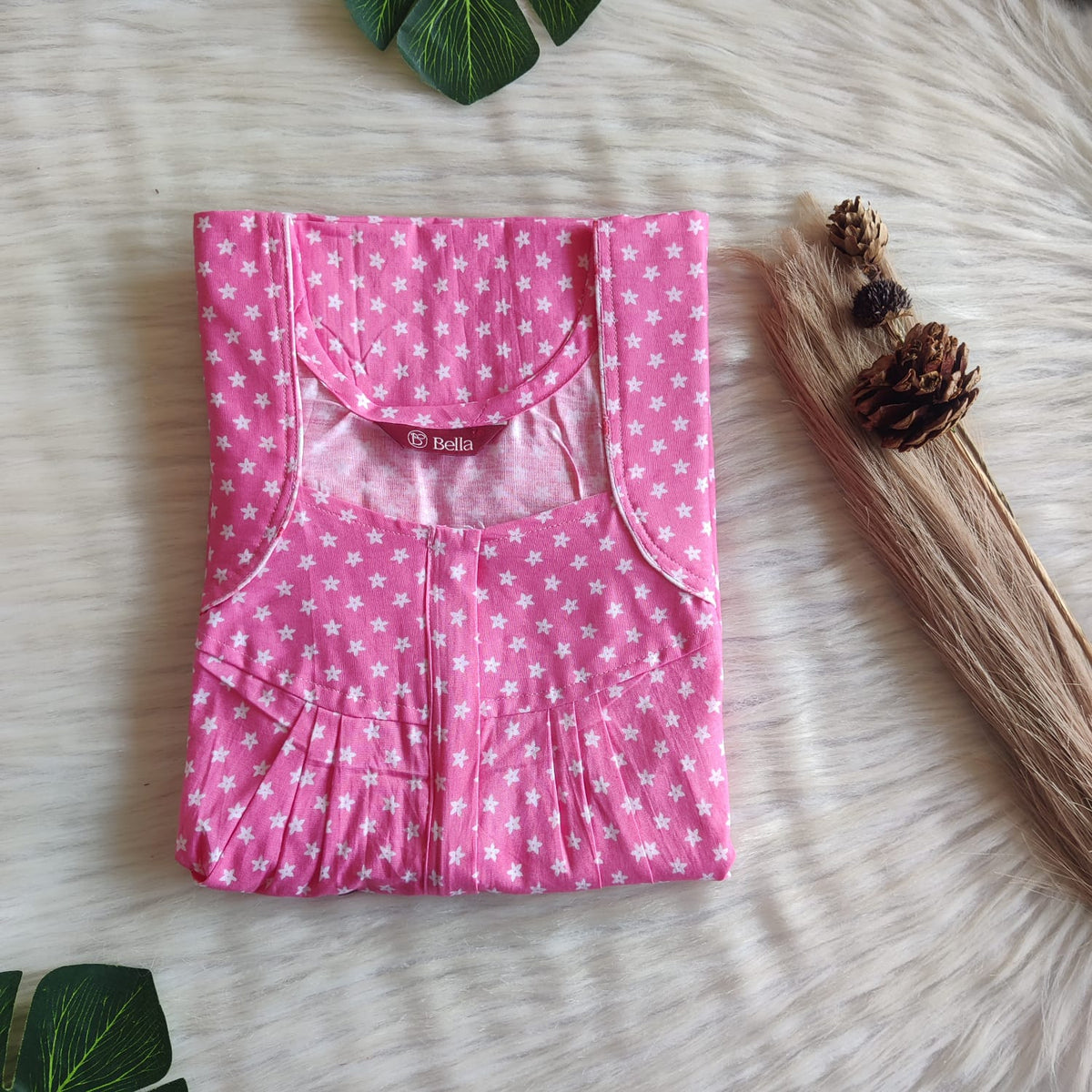 Pink Floral Printed Premium Cotton Pleated Zip Nighty | Free Size | Chest Width 44″| Length 54″-55″