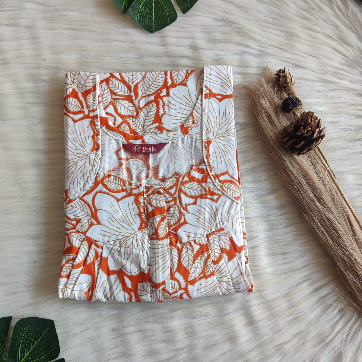 White Floral Printed Orange Premium Cotton Pleated Zip Nighty | Free Size | Chest Width 44″| Length 54″-55″