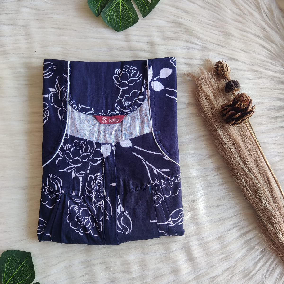 Navy Blue Printed Premium Cotton Pleated Zip Nighty | Free Size | Chest Width 44″| Length 54″-55″