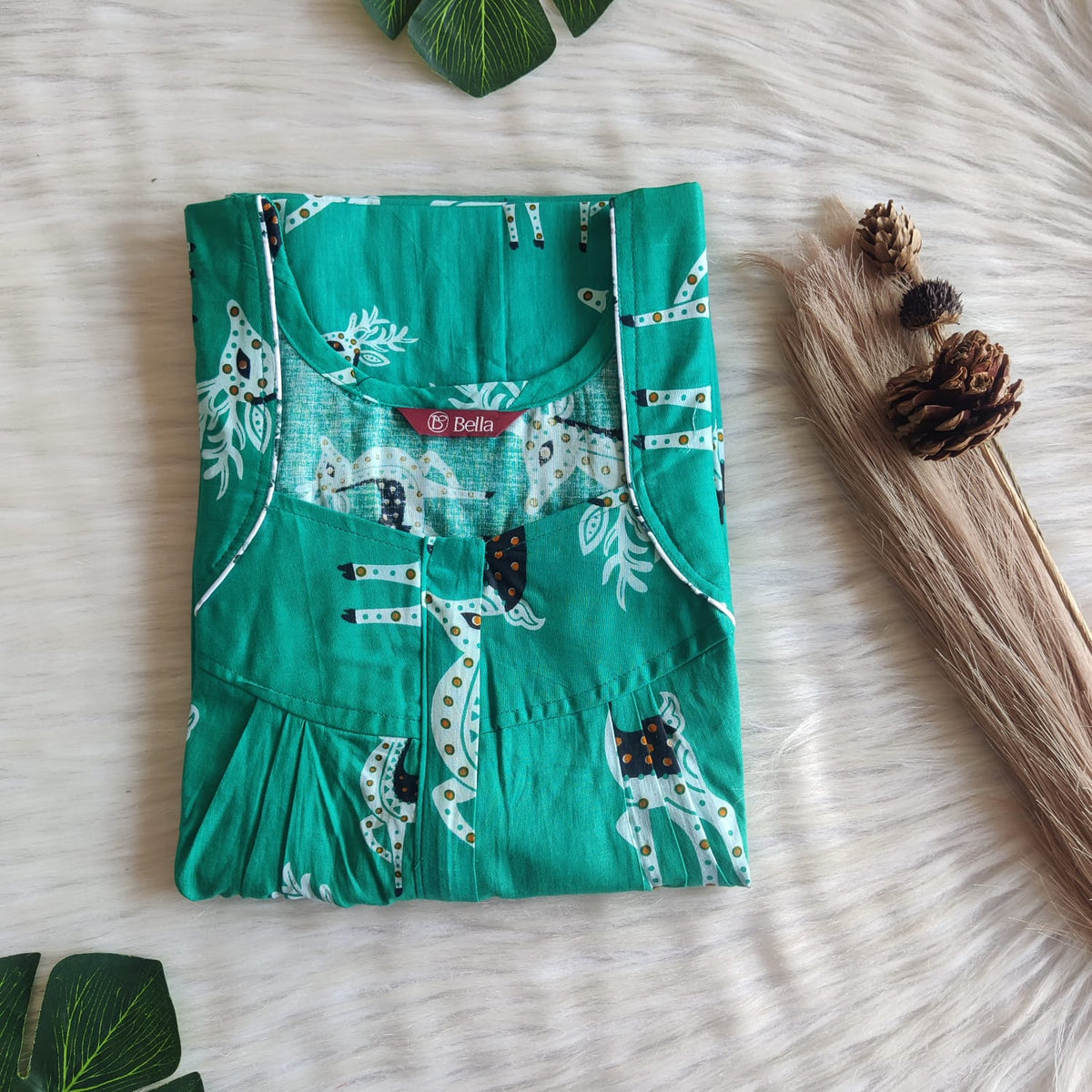 Green Stag Printed Premium Cotton Pleated Zip Nighty | Free Size | Chest Width 44″| Length 54″-55″