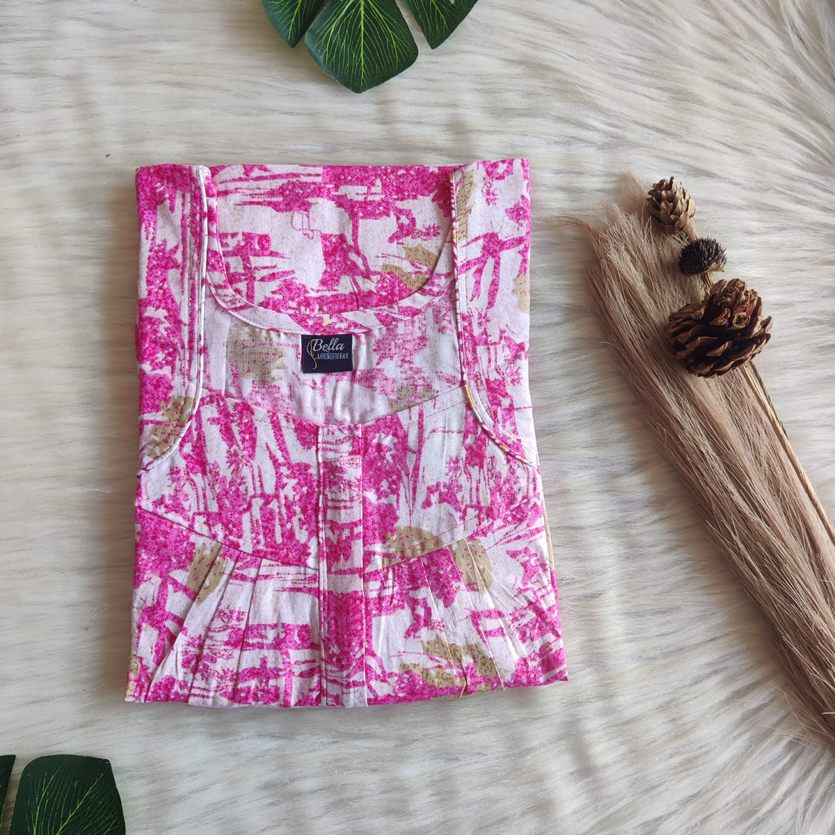 Pink And White Printed Premium Cotton Pleated Zip Nighty | Free Size | Chest Width 44″| Length 54″-55″