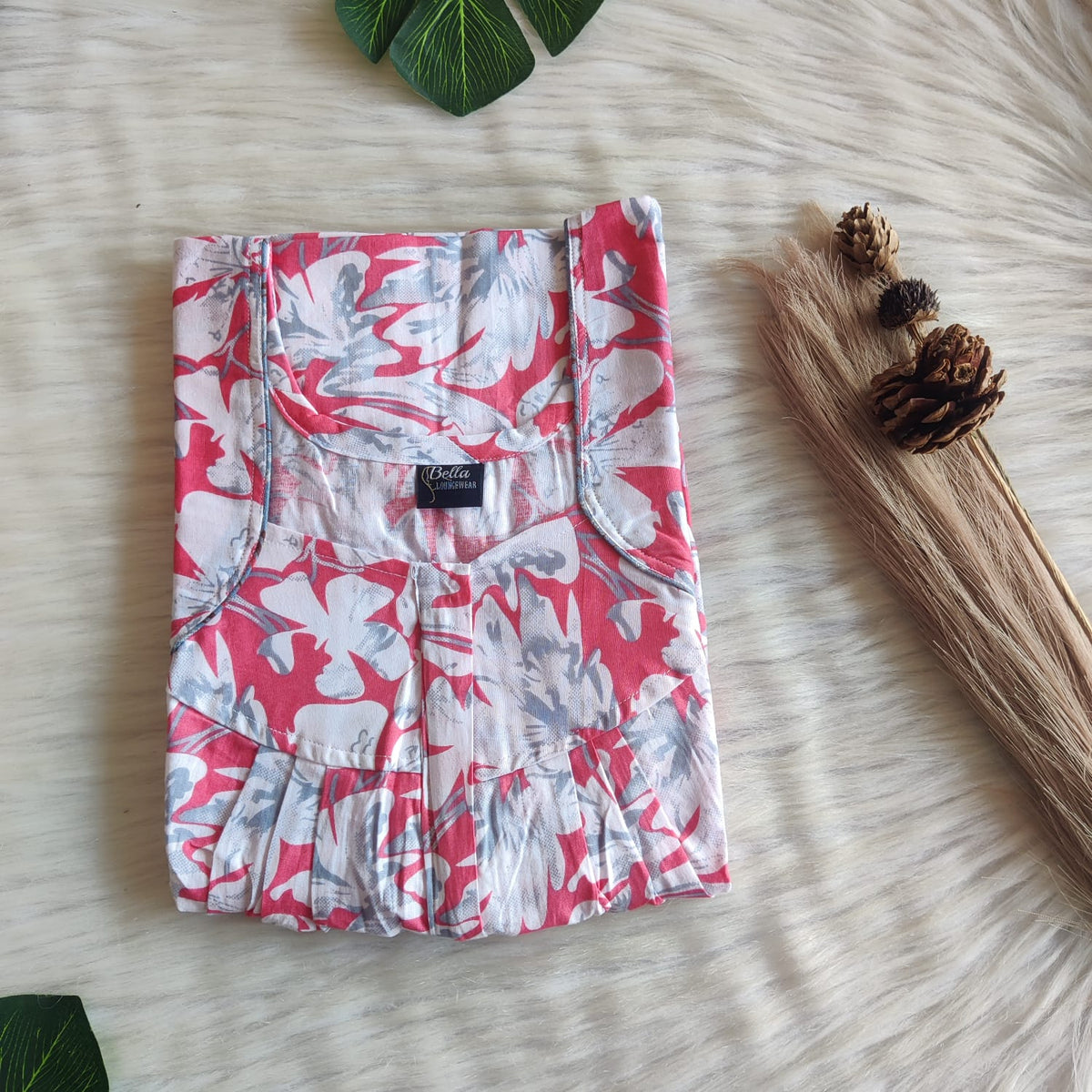 White Floral Printed Peach Premium Cotton Pleated Zip Nighty | Free Size | Chest Width 44″| Length 54″-55″