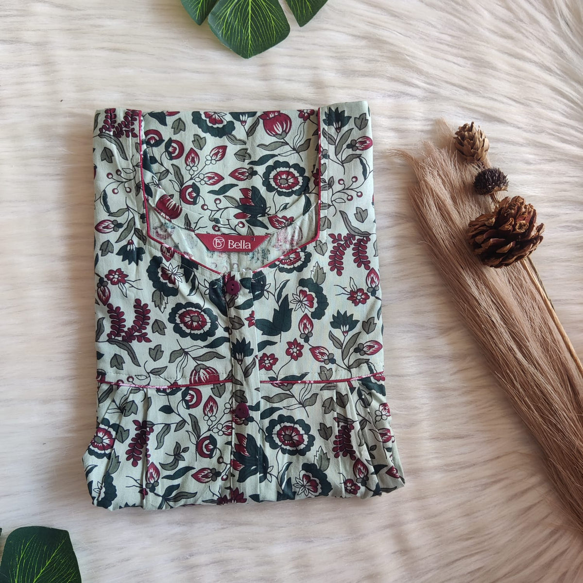 Green Floral Printed Premium Cotton Button Zip Nighty | Free Size | Chest Width 44″| Length 55″-56″