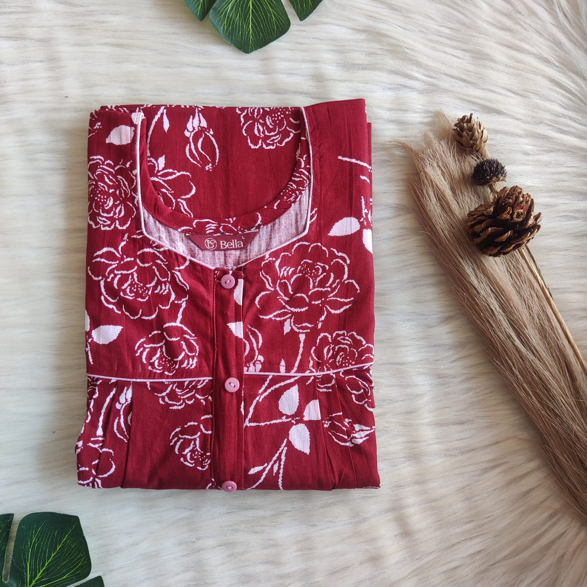 Maroon Floral Printed Premium Cotton Button Zip Nighty | Free Size | Chest Width 44″| Length 55″-56″