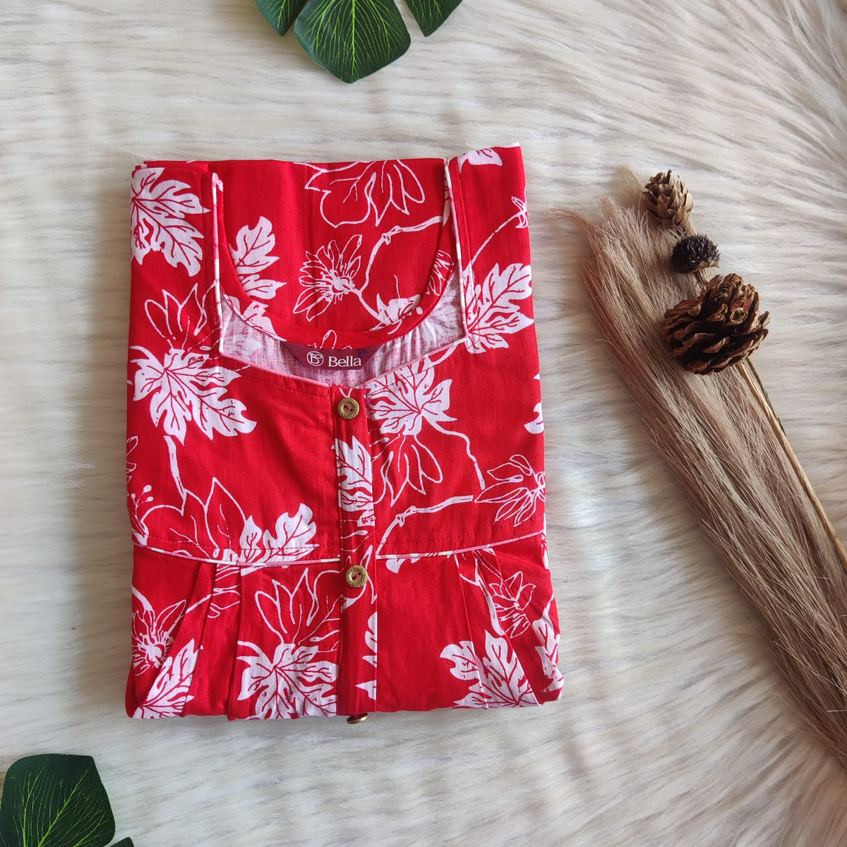 Red Floral Printed Premium Cotton Button Zip Nighty | Free Size | Chest Width 44″| Length 55″-56″
