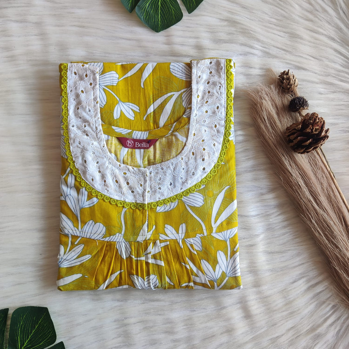 Mustard Yellow Printed Premium Cotton Hakoba Lace Nighty | Free Size | Chest Width 44″| Length 54″-56″