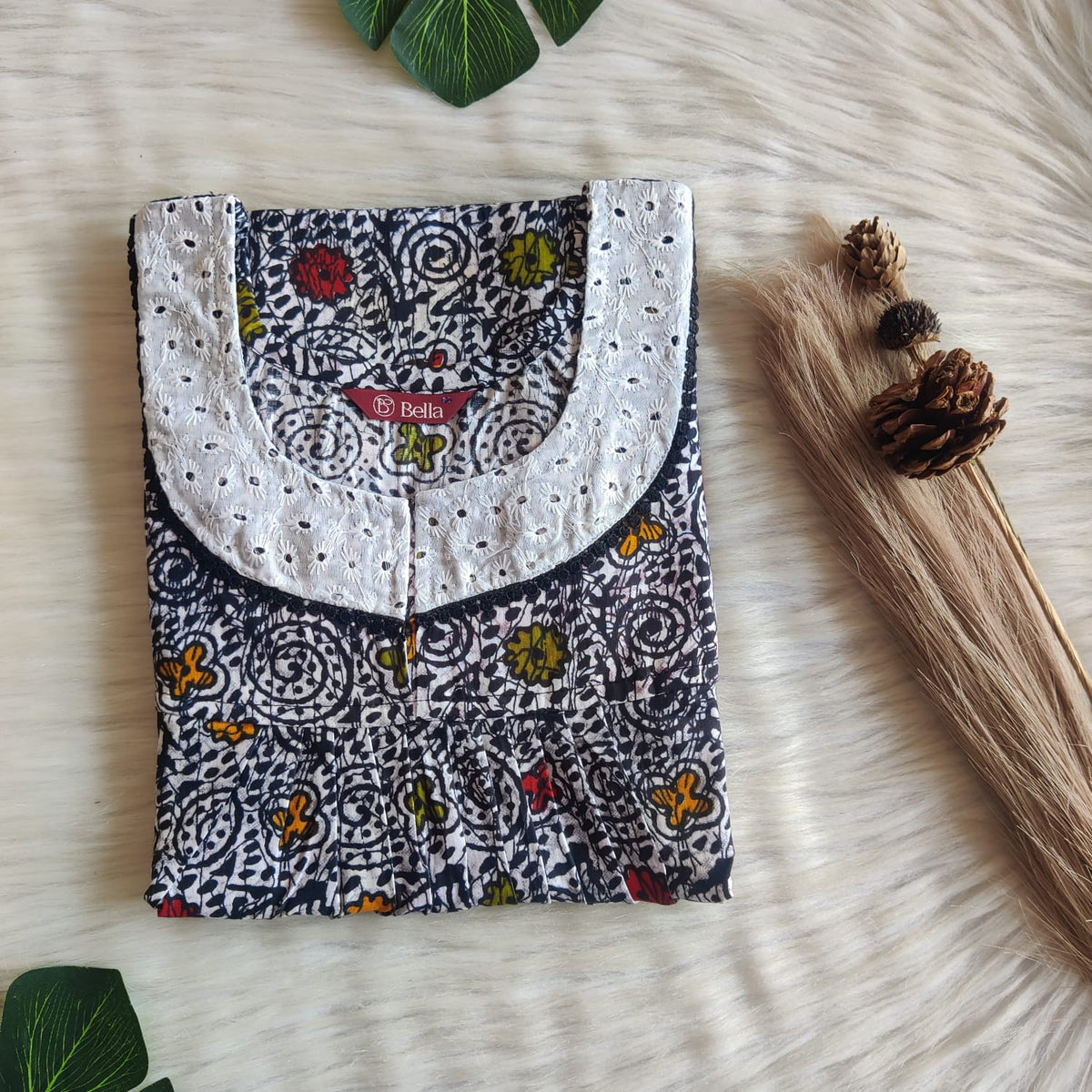 Black And White Printed Premium Cotton Hakoba Lace Nighty | Free Size | Chest Width 44″| Length 54″-56″