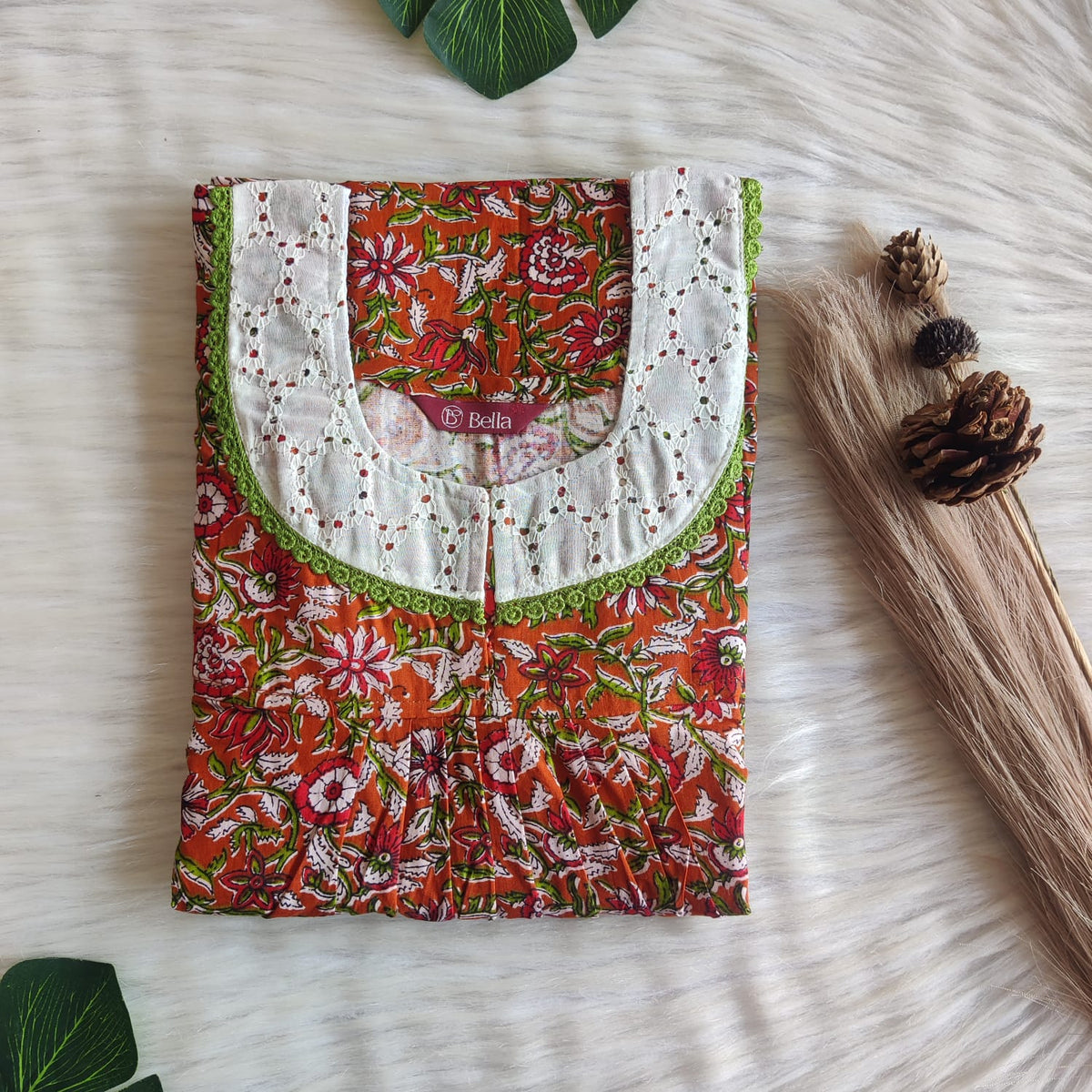 Green Floral Printed Burnt Orange Premium Cotton Hakoba Lace Nighty | Free Size | Chest Width 44″| Length 54″-56″