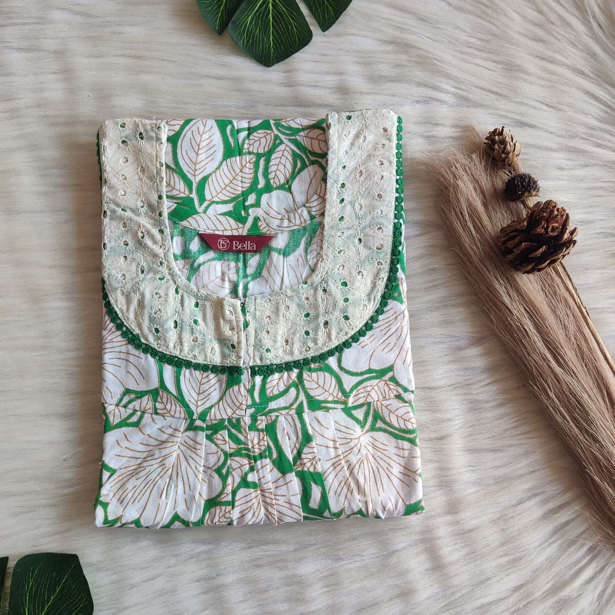 White Floral Printed Green Premium Cotton Hakoba Lace Nighty | Free Size | Chest Width 44″| Length 54″-56″