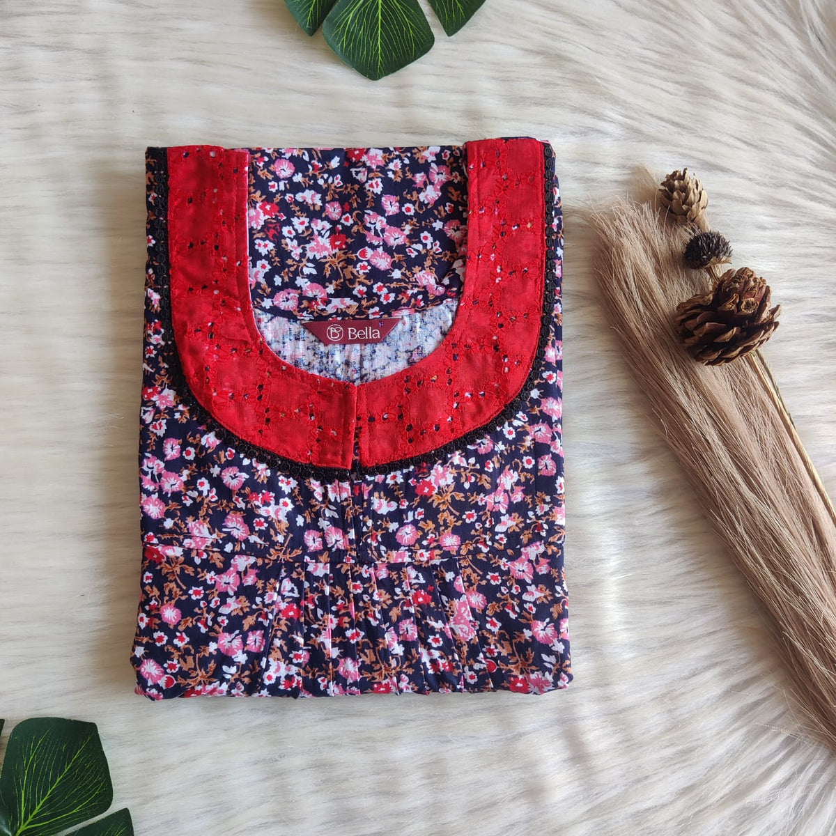 Pink Floral Printed Navy Blue Premium Cotton Hakoba Lace Nighty | Free Size | Chest Width 44″| Length 54″-56″