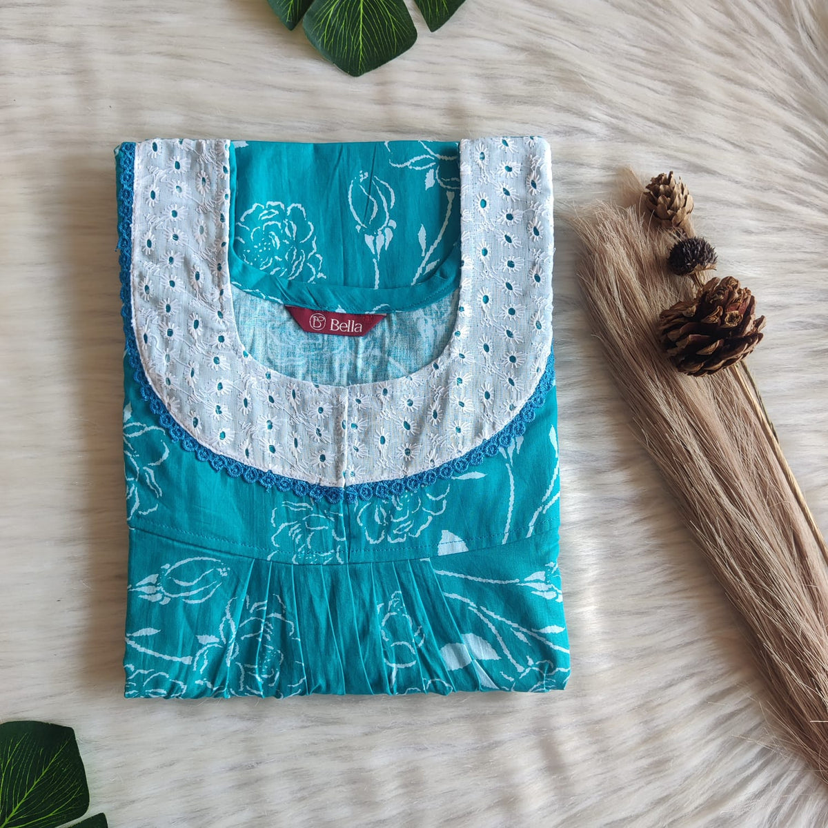 Aqua Blue Printed Premium Cotton Hakoba Lace Nighty | Free Size | Chest Width 44″| Length 54″-56″