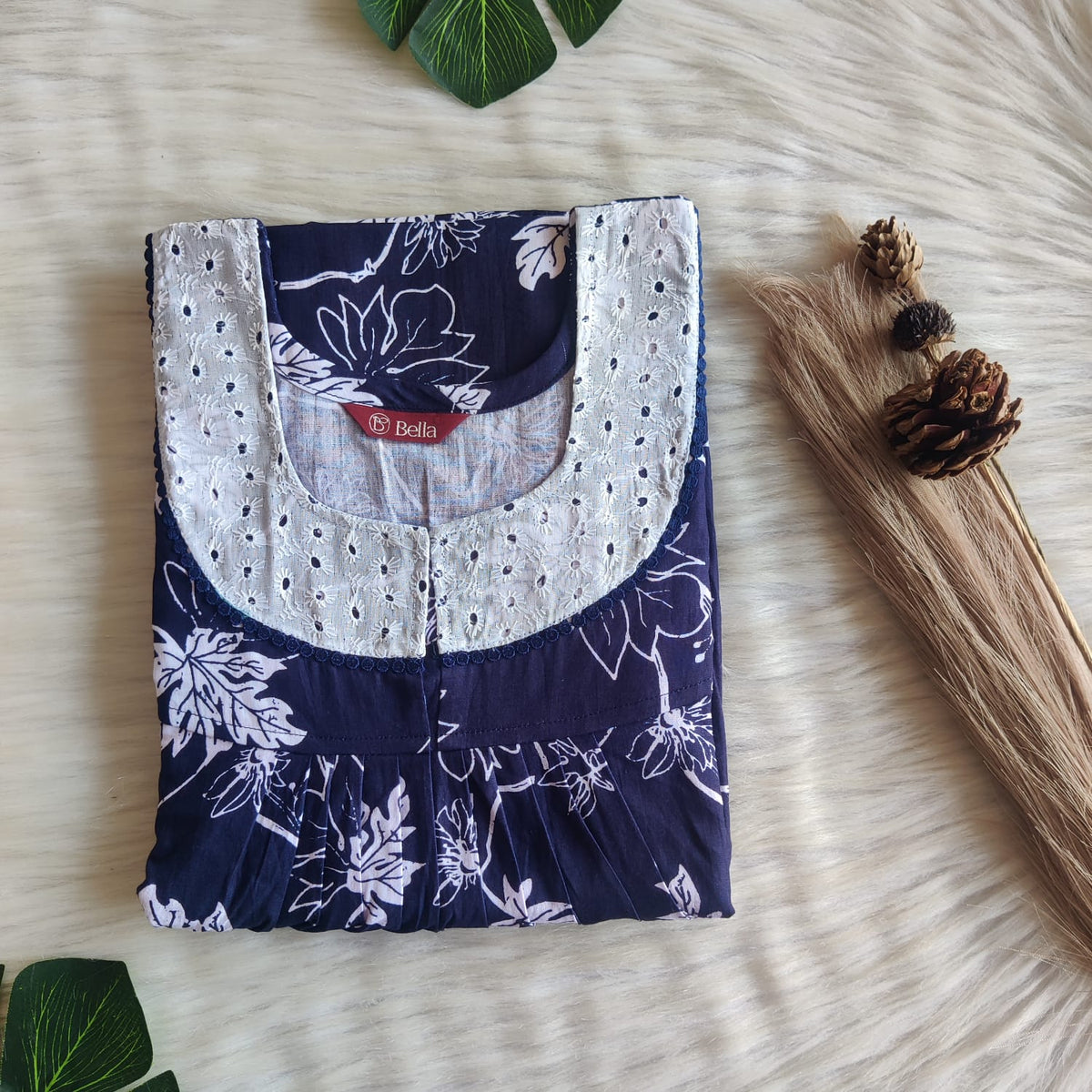 Navy Blue Printed Premium Cotton Hakoba Lace Nighty | Free Size | Chest Width 44″| Length 54″-56″