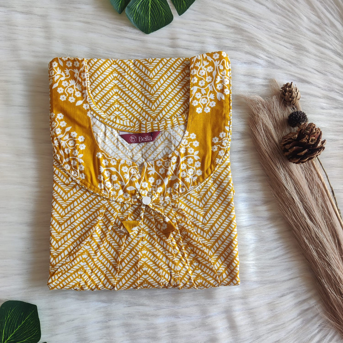 Mustard Yellow And White Zigzag Printed Premium Cotton No Zip Pleated Nighty | Free Size | Chest Width 44″| Length 55″-56″