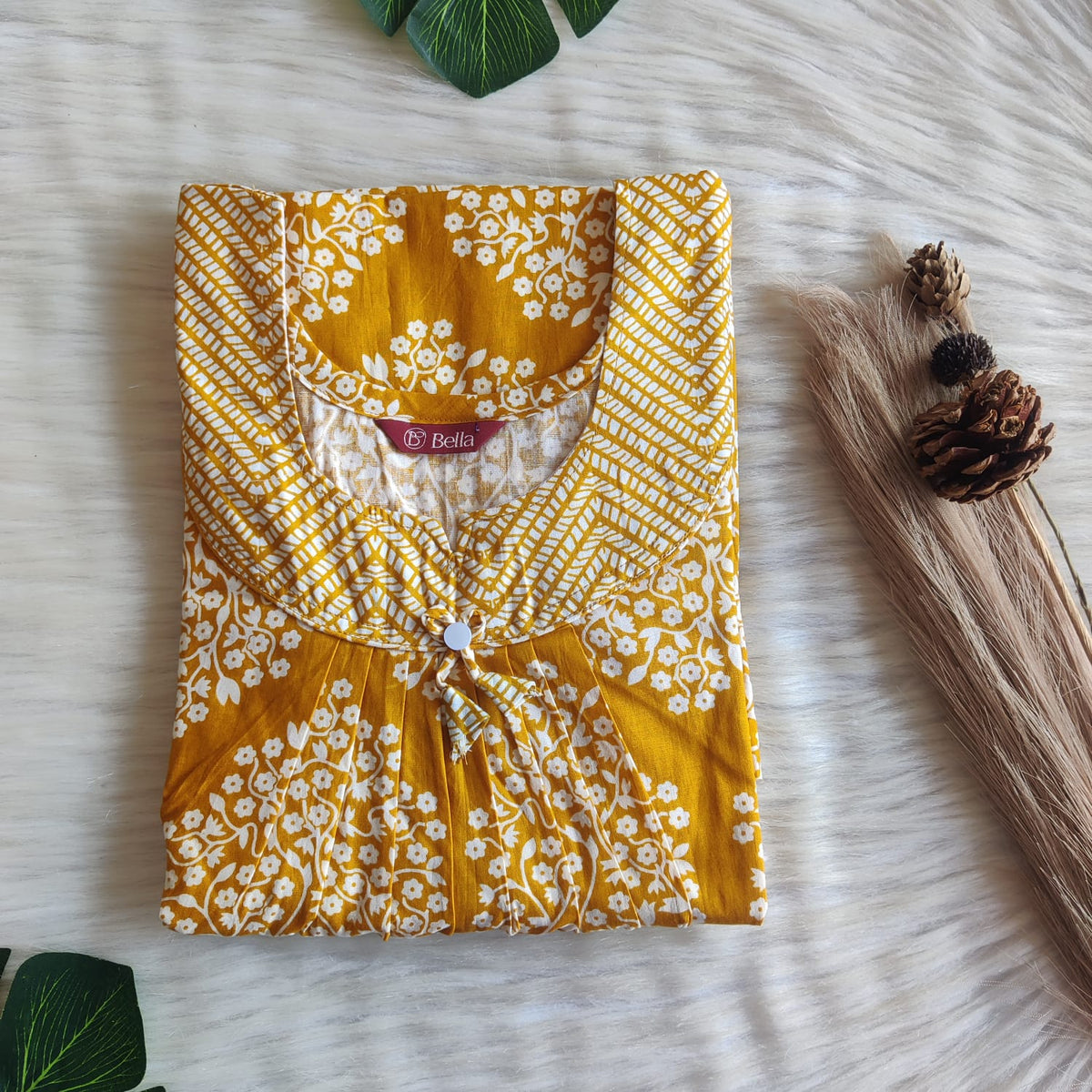White And Mustard Yellow Printed Premium Cotton No Zip Pleated Nighty | Free Size | Chest Width 44″| Length 55″-56″
