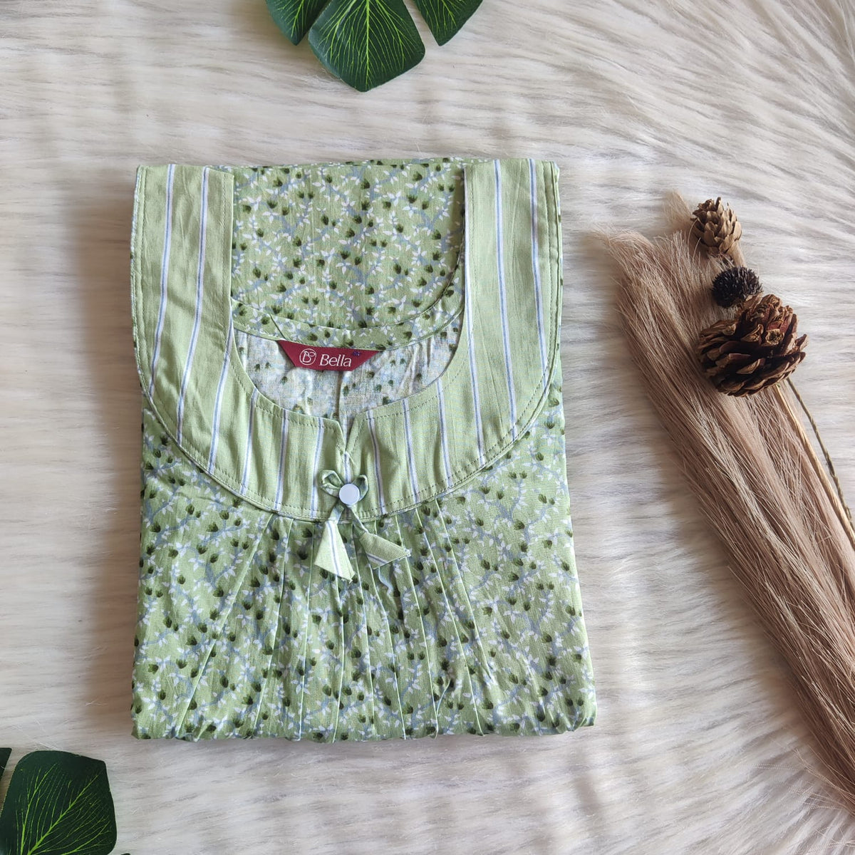 Pale And Dark Green Floral Printed Premium Cotton No Zip Pleated Nighty | Free Size | Chest Width 44″| Length 55″-56″
