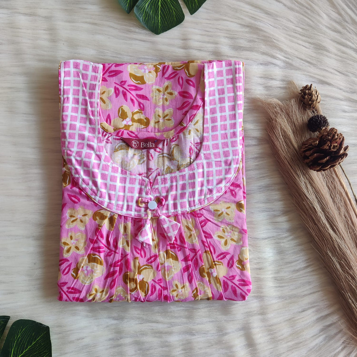 Pink And Yellow Floral Printed Premium Cotton No Zip Pleated Nighty | Free Size | Chest Width 44″| Length 55″-56″