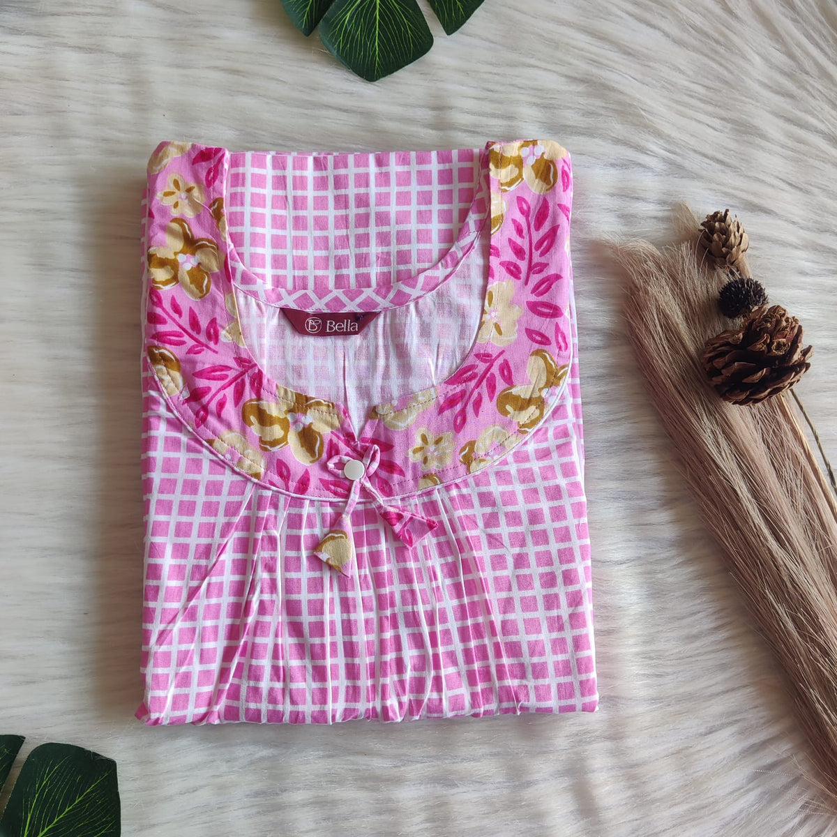 Yellow And Pink Check Printed Premium Cotton No Zip Pleated Nighty | Free Size | Chest Width 44″| Length 55″-56″