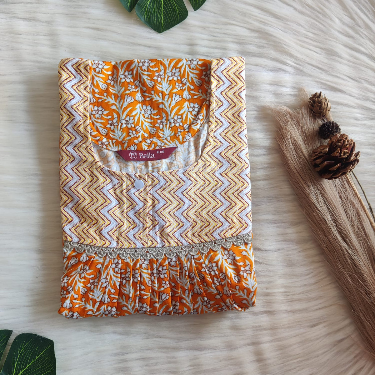 Yellow And Orange Printed Premium Cotton Plus Size Lace Nighty | Chest Width 50″| Length 56″