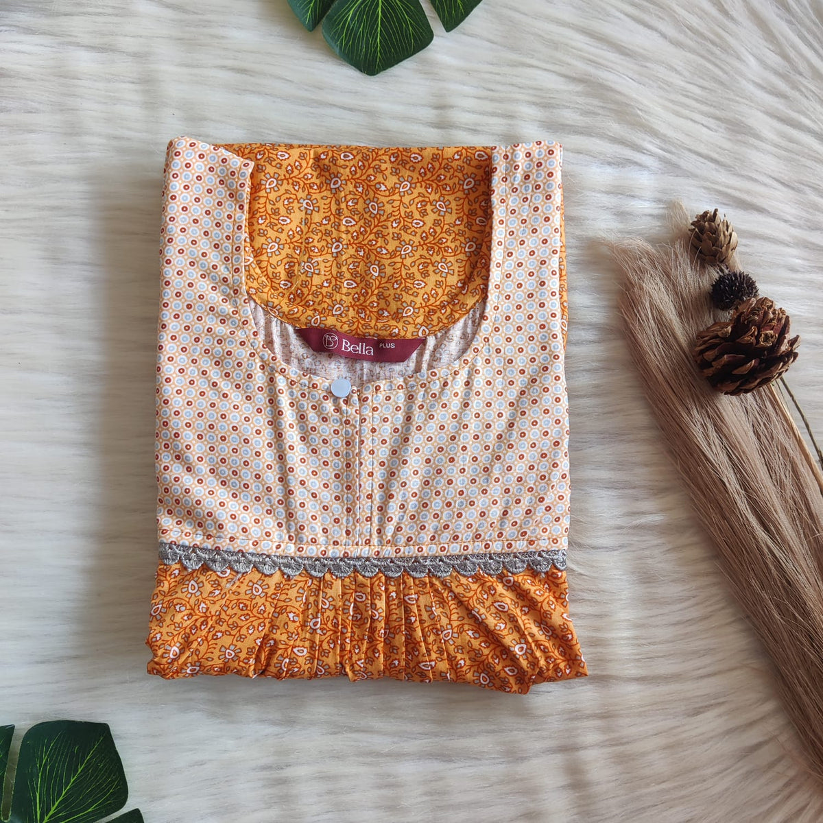 Pale And Dark Orange Printed Premium Cotton Plus Size Lace Nighty | Chest Width 50″| Length 56″