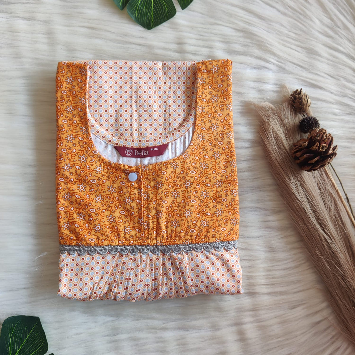 Dark And Pale Orange Printed Premium Cotton Plus Size Lace Nighty | Chest Width 50″| Length 56″