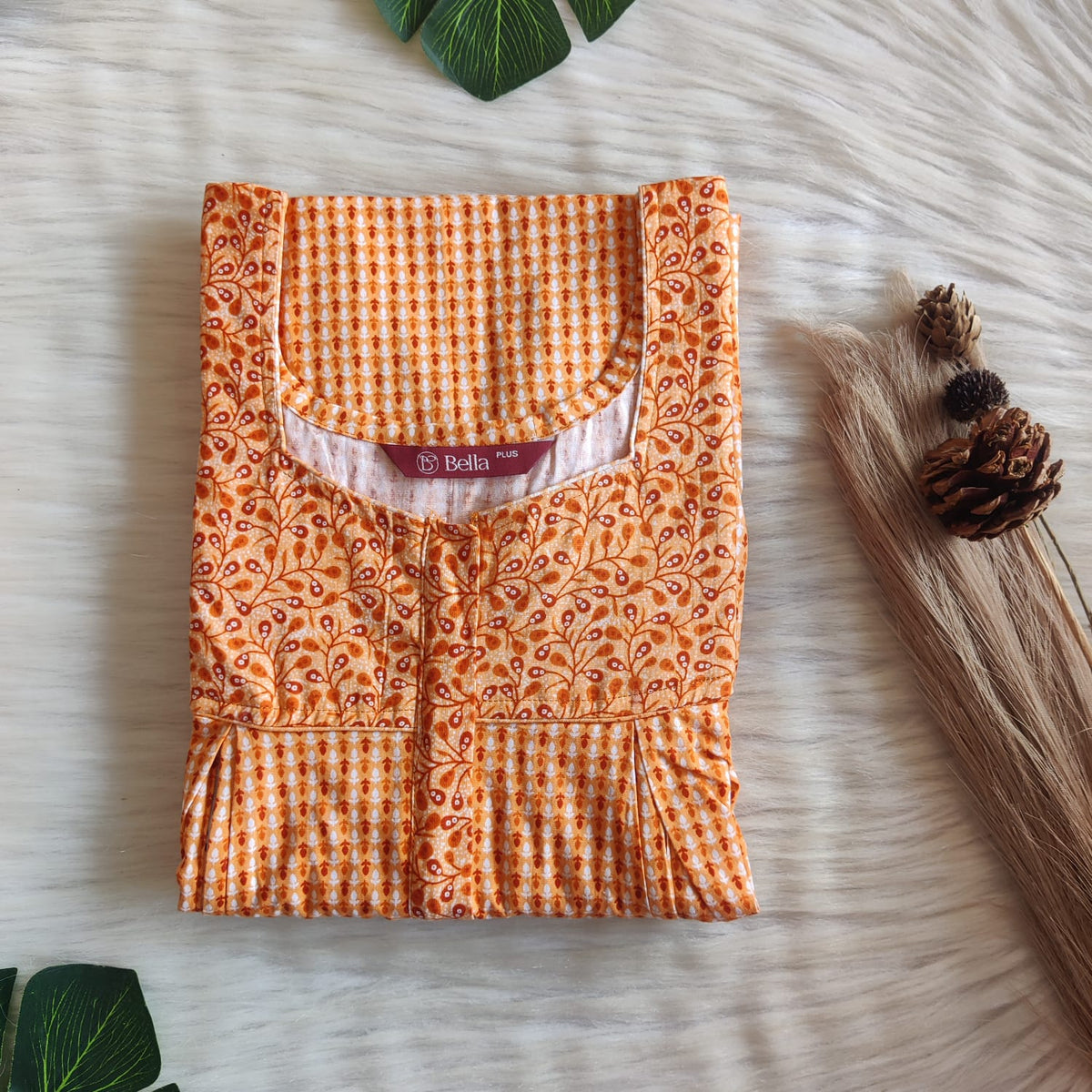 Orange And White Dot Printed Premium Cotton Plus Size Pleated Vertical Zip Feeding Nighty | Chest Width 50″| Length 56″