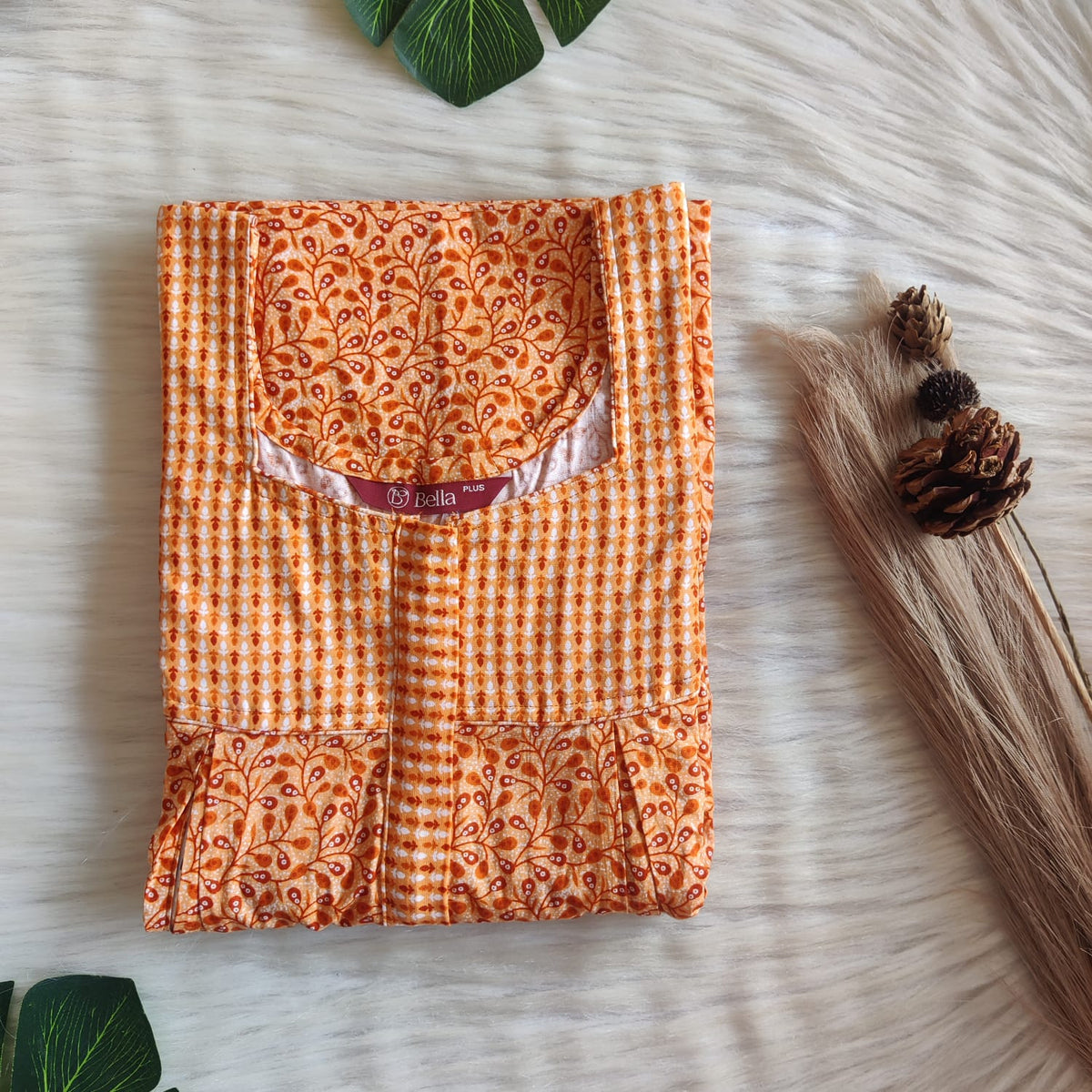 White And Orange Printed Premium Cotton Plus Size Pleated Vertical Zip Feeding Nighty | Chest Width 50″| Length 56″