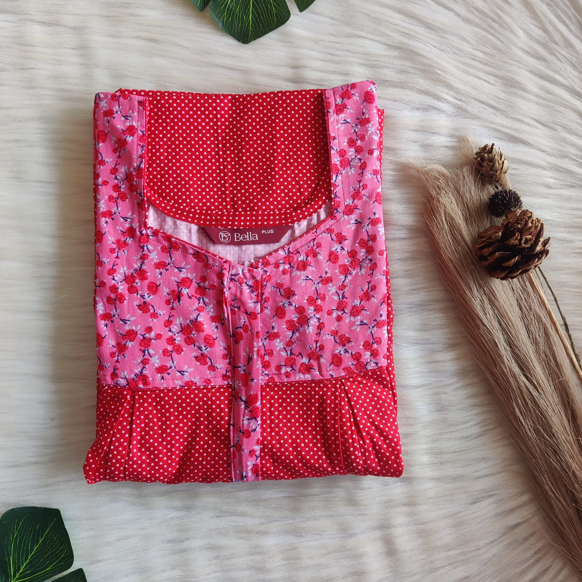 Pink And Red Dot Printed Premium Cotton Plus Size Pleated Vertical Zip Feeding Nighty | Chest Width 50″| Length 56″