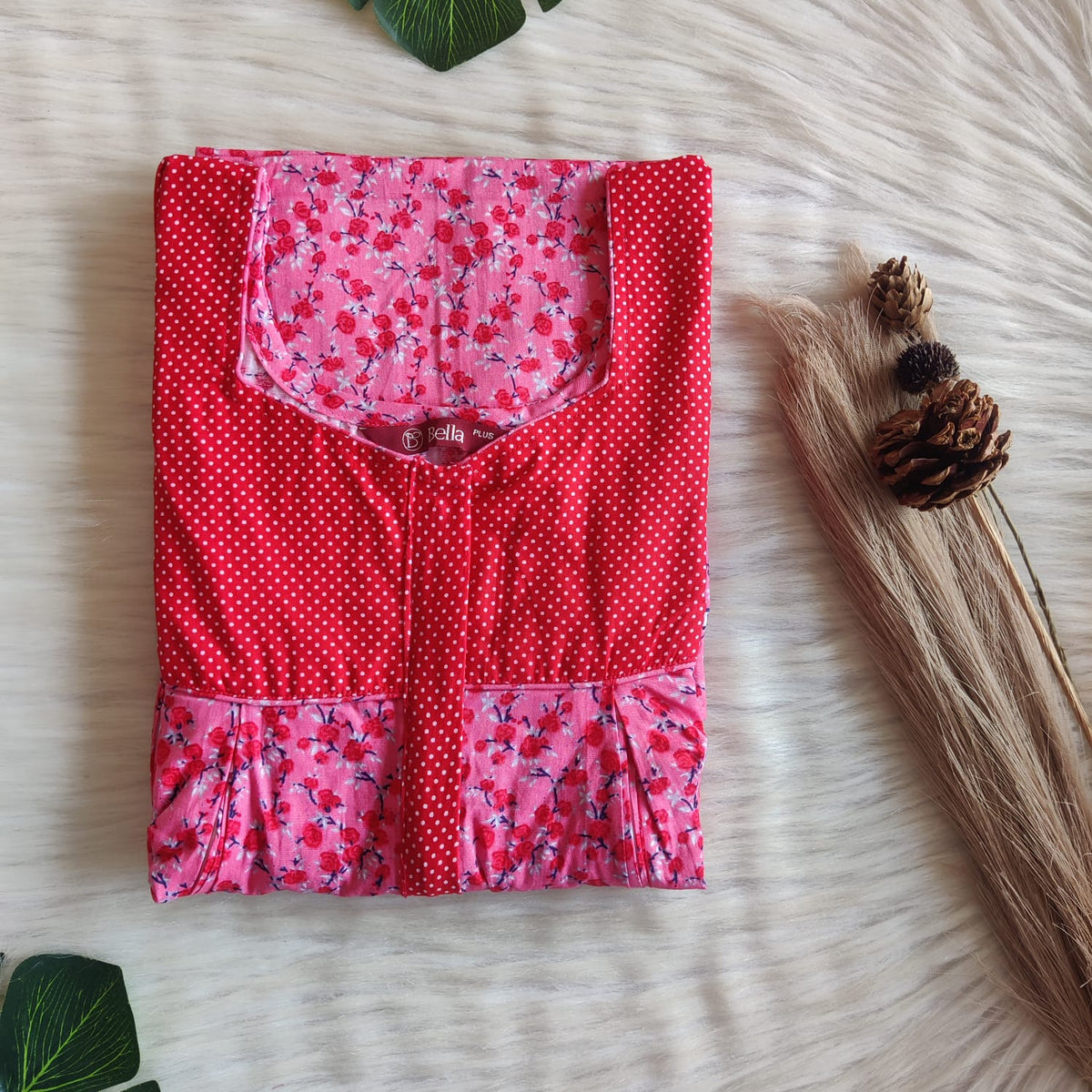 Red And Pink Floral Printed Premium Cotton Plus Size Pleated Vertical Zip Feeding Nighty | Chest Width 50″| Length 56″
