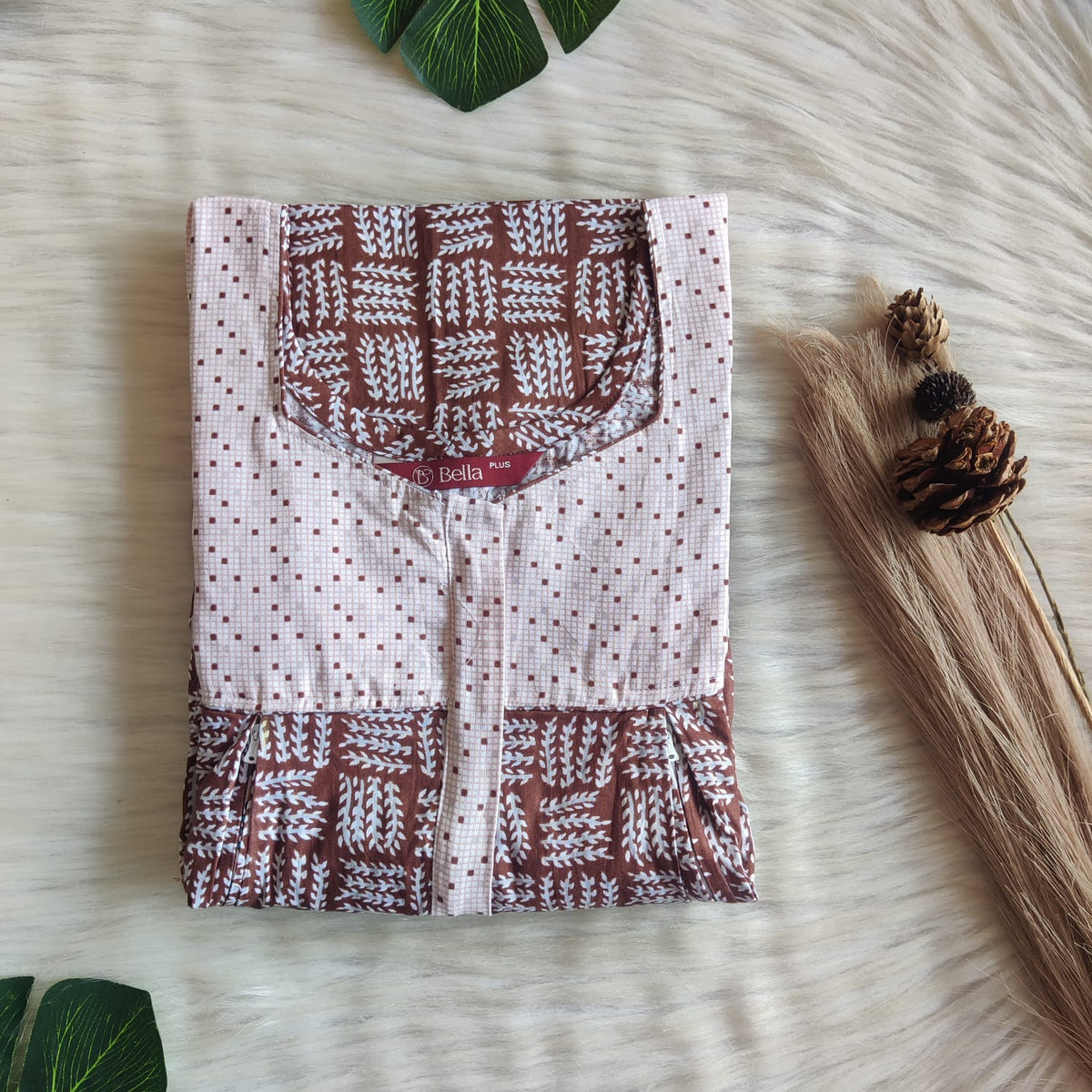 Pale And Dark Brown Printed Premium Cotton Plus Size Pleated Vertical Zip Feeding Nighty | Chest Width 50″| Length 56″