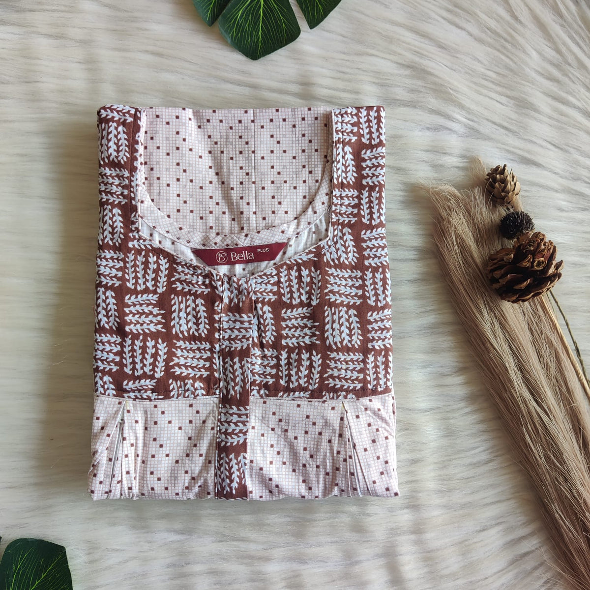 Dark And Pale Brown Printed Premium Cotton Plus Size Pleated Vertical Zip Feeding Nighty | Chest Width 50″| Length 56″