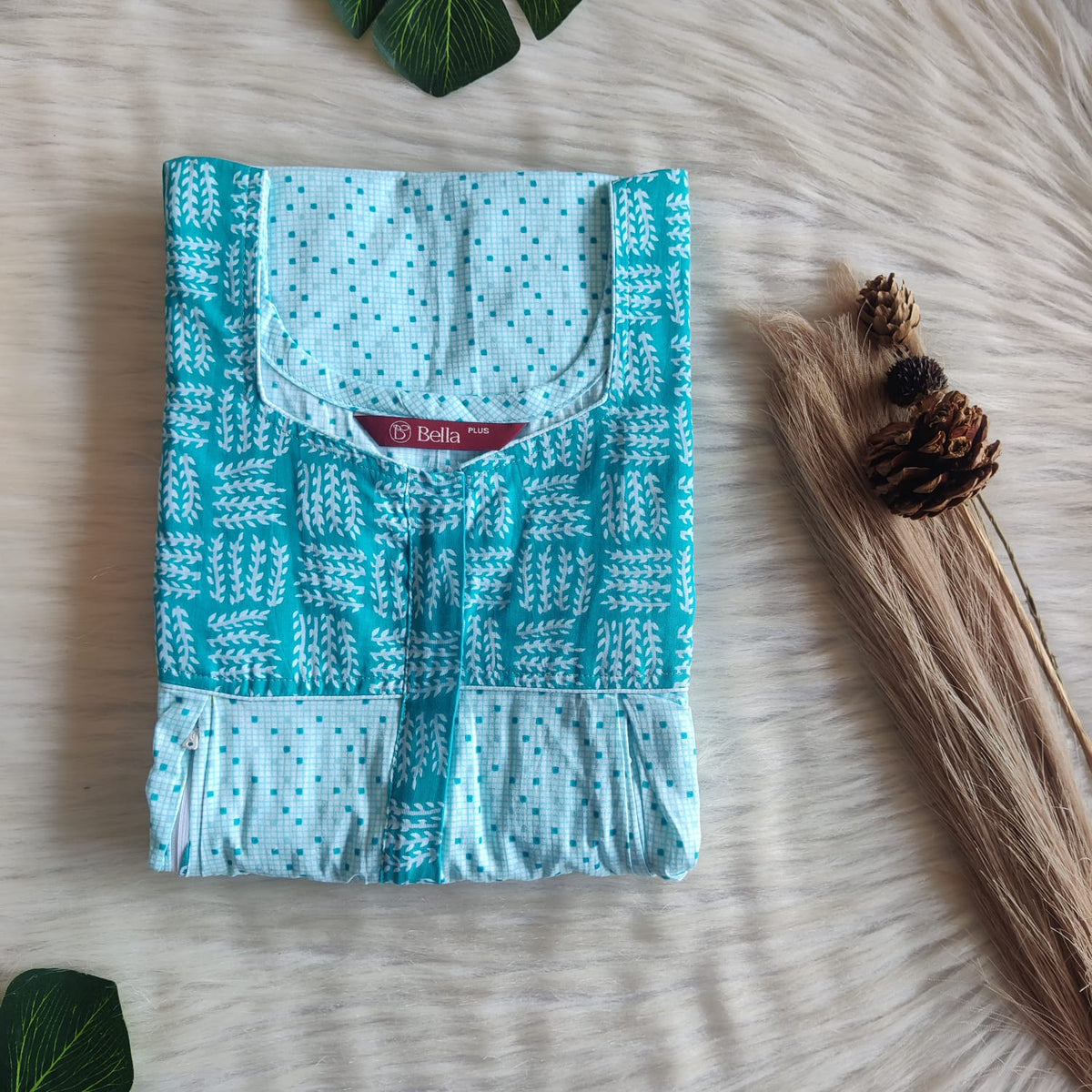 Dark And Pale Blue Printed Premium Cotton Plus Size Pleated Vertical Zip Feeding Nighty | Chest Width 50″| Length 56″
