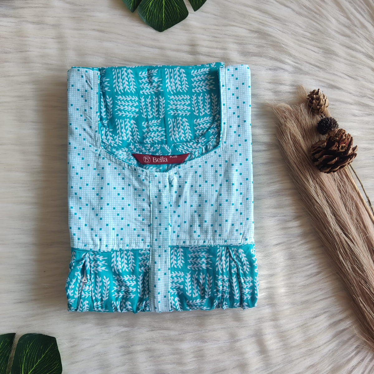 Pale And Dark Blue Printed Premium Cotton Plus Size Pleated Vertical Zip Feeding Nighty | Chest Width 50″| Length 56″