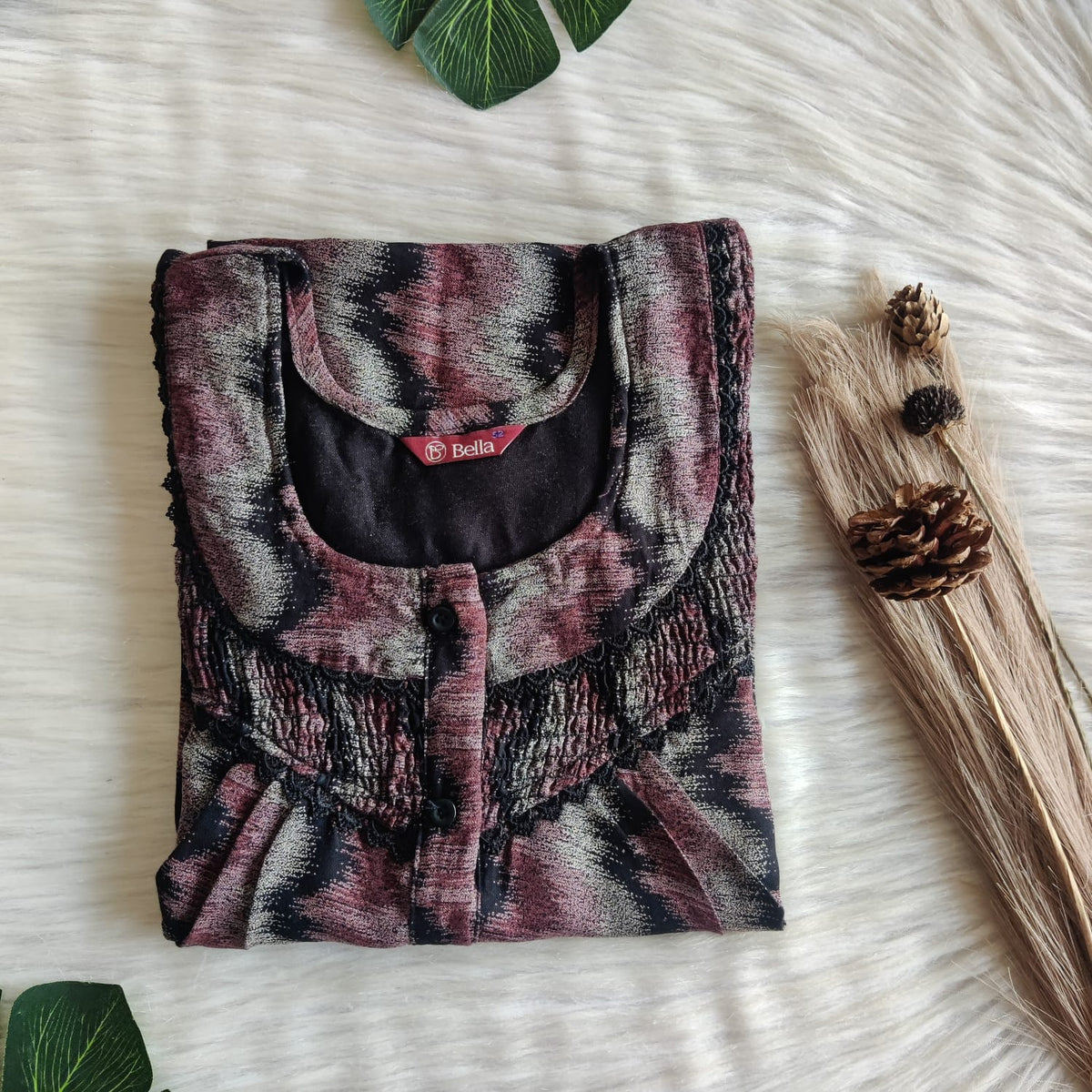 Pink And White Printed Black Alfine Smoke Lace Button Nighty | Free Size | Chest Width 44″| Length 54″-56″