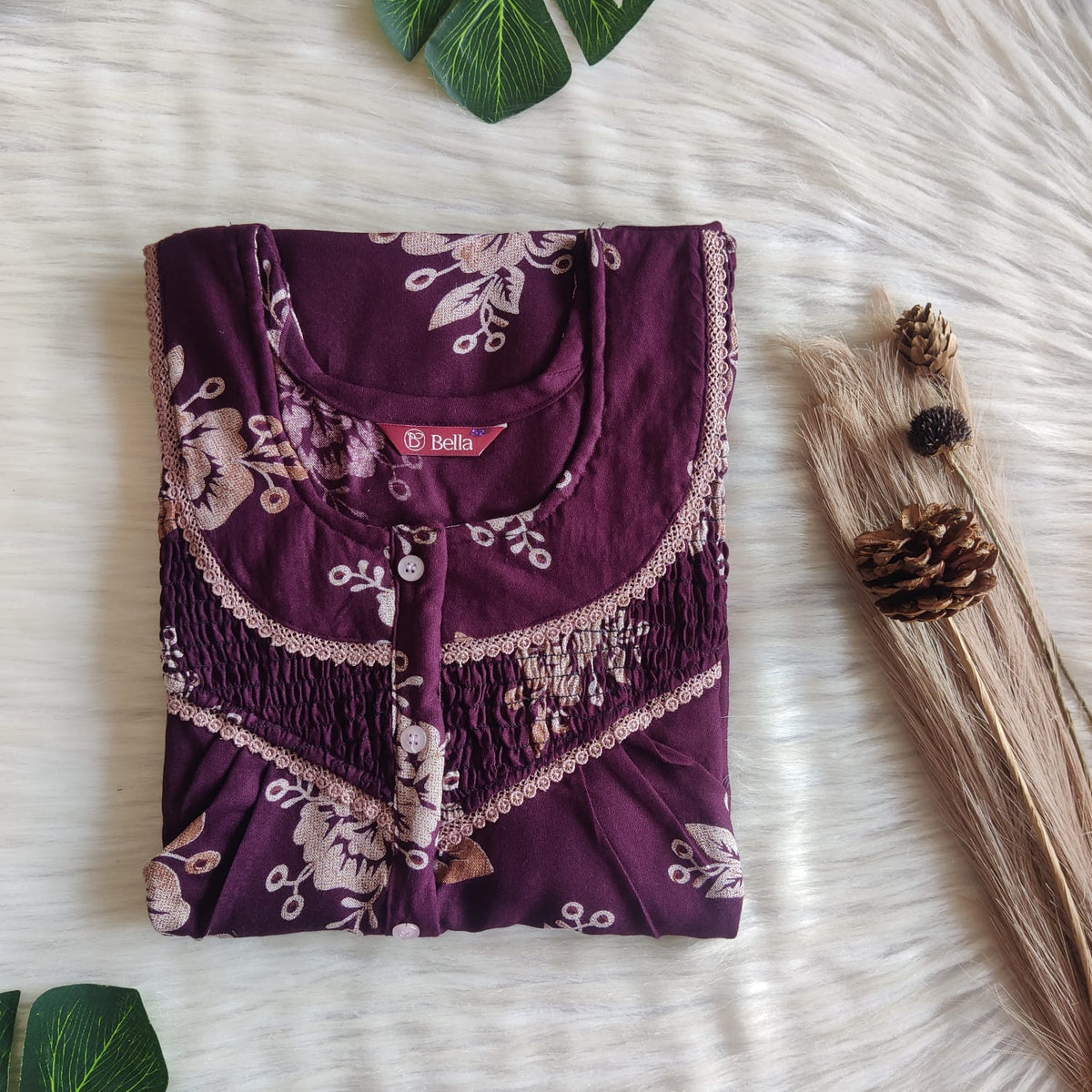 Wine Printed Black Alfine Smoke Lace Button Nighty | Free Size | Chest Width 44″| Length 54″-56″