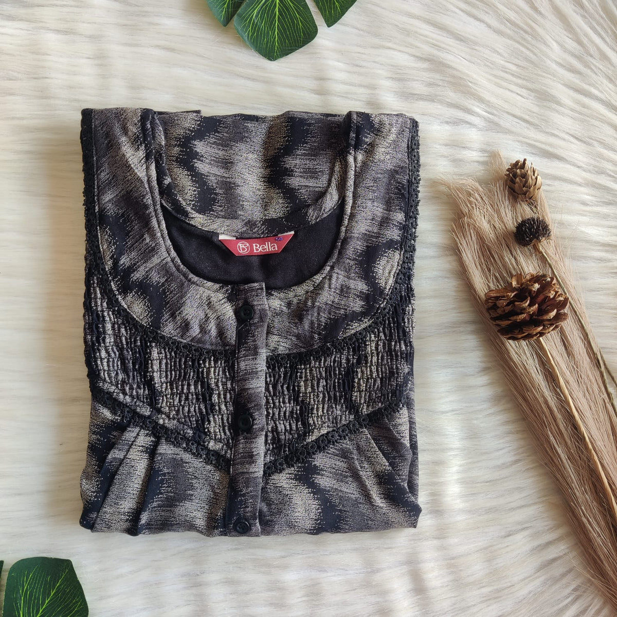 Black And Grey Printed Alfine Smoke Lace Button Nighty | Free Size | Chest Width 44″| Length 54″-56″