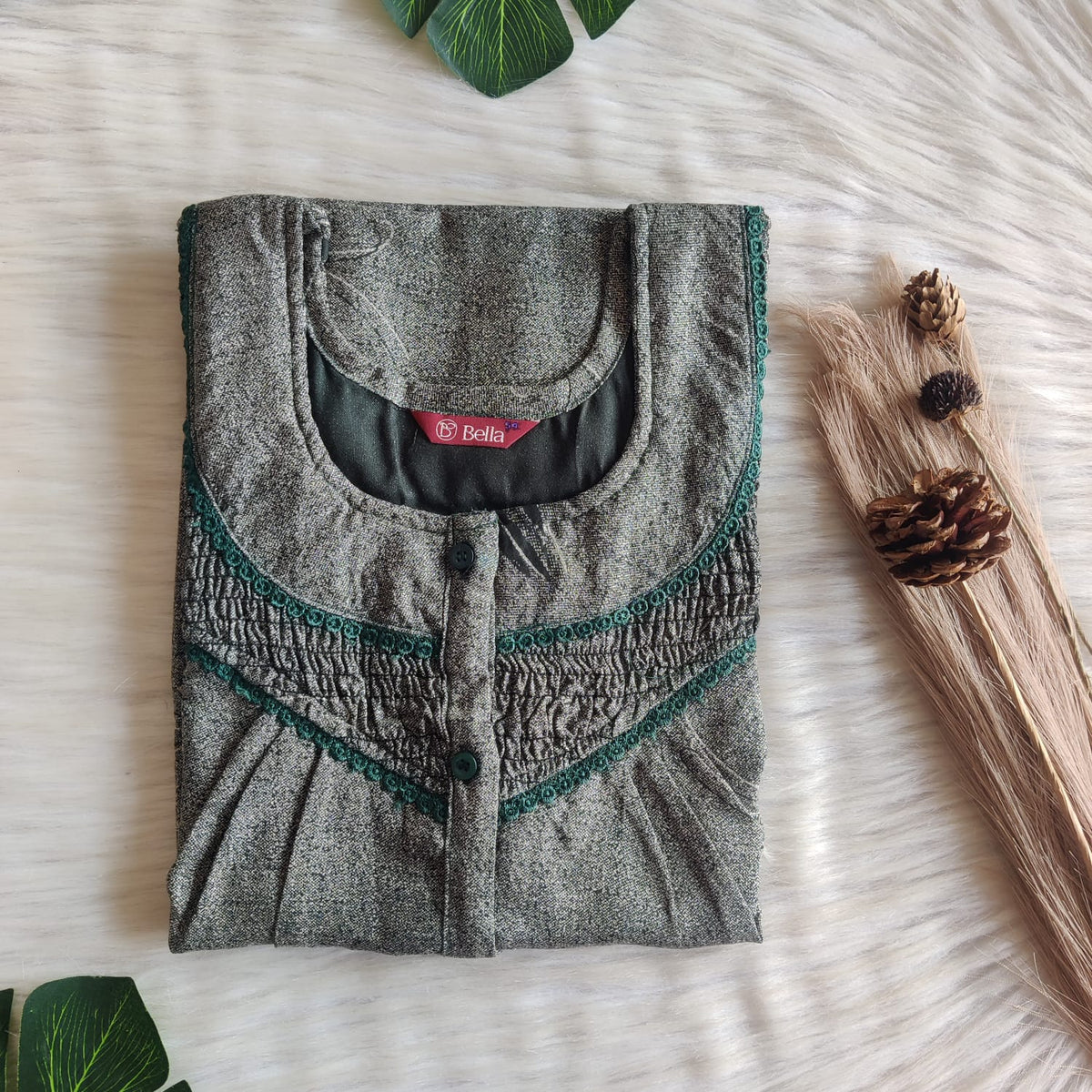 Green Printed Alfine Smoke Lace Button Nighty | Free Size | Chest Width 44″| Length 54″-56″