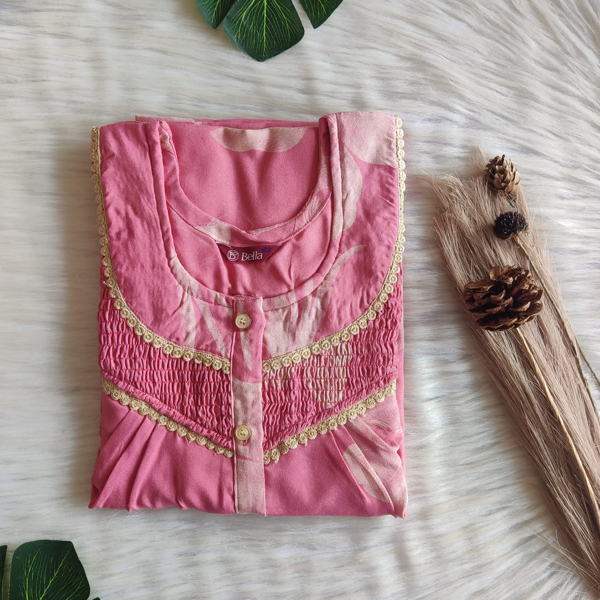 Pink Printed Alfine Smoke Lace Button Nighty | Free Size | Chest Width 44″| Length 54″-56″