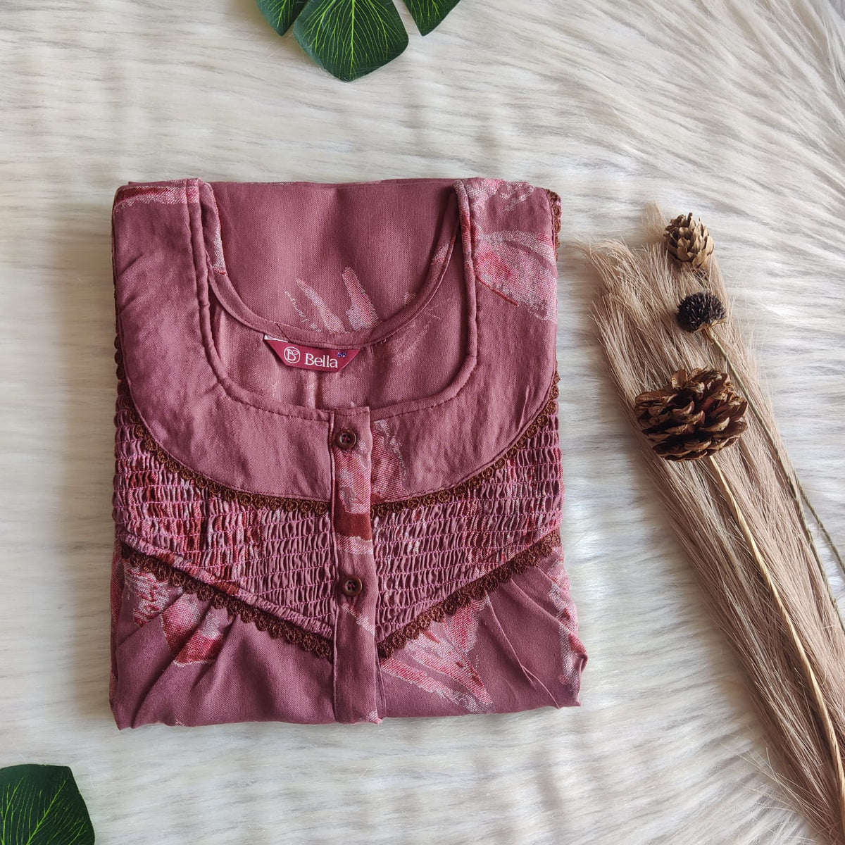 Mauve Printed Alfine Smoke Lace Button Nighty | Free Size | Chest Width 44″| Length 54″-56″
