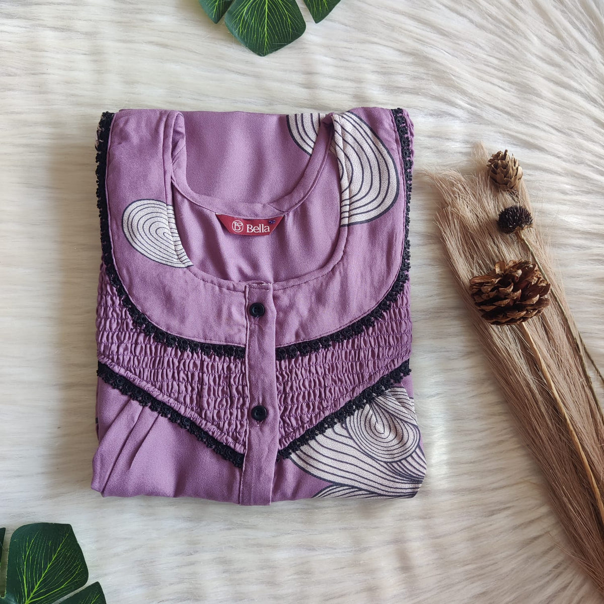 Pastel Purple Printed Alfine Smoke Lace Button Nighty | Free Size | Chest Width 44″| Length 54″-56″