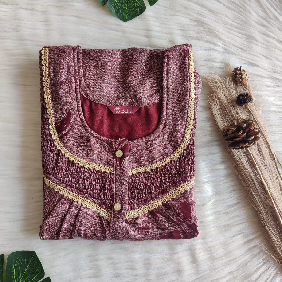 Maroon Printed Alfine Smoke Lace Button Nighty | Free Size | Chest Width 44″| Length 54″-56″