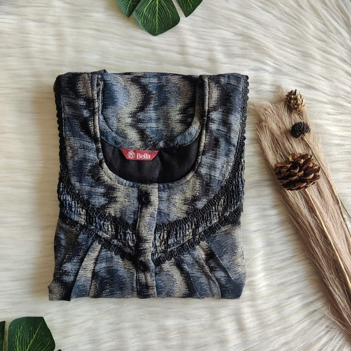 Blue And White Printed Black Alfine Smoke Lace Button Nighty | Free Size | Chest Width 44″| Length 54″-56″