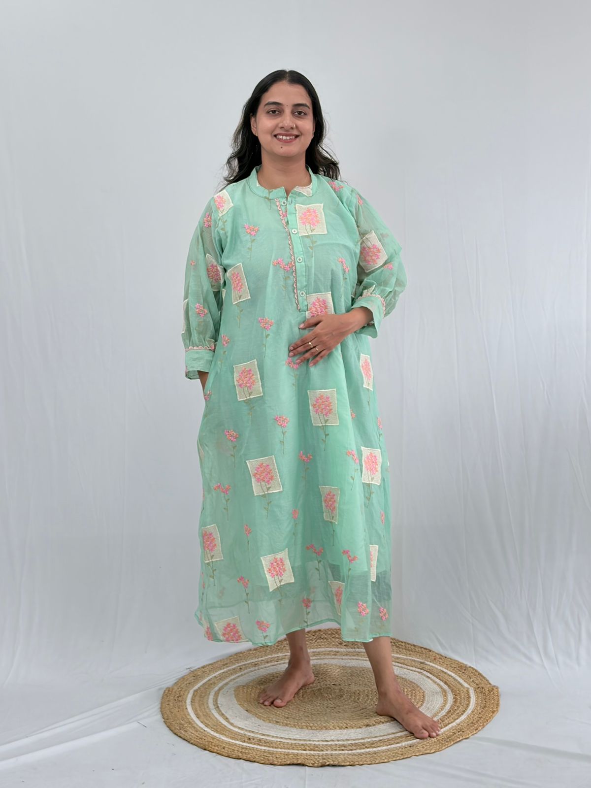 Aqua Blue Floral Embroidered Mul Chanderi Kurti  | Free Size | 46" length