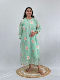 Aqua Blue Floral Embroidered Mul Chanderi Kurti  | Free Size | 46" length