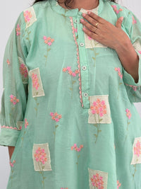 Aqua Blue Floral Embroidered Mul Chanderi Kurti  | Free Size | 46" length