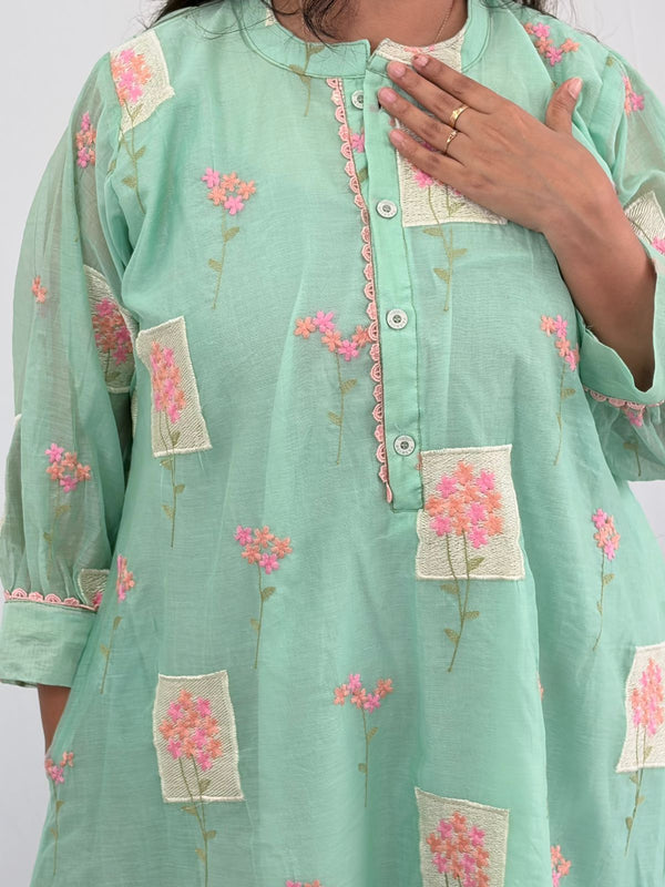 Aqua Blue Floral Embroidered Mul Chanderi Kurti  | Free Size | 46" length