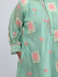 Aqua Blue Floral Embroidered Mul Chanderi Kurti  | Free Size | 46" length