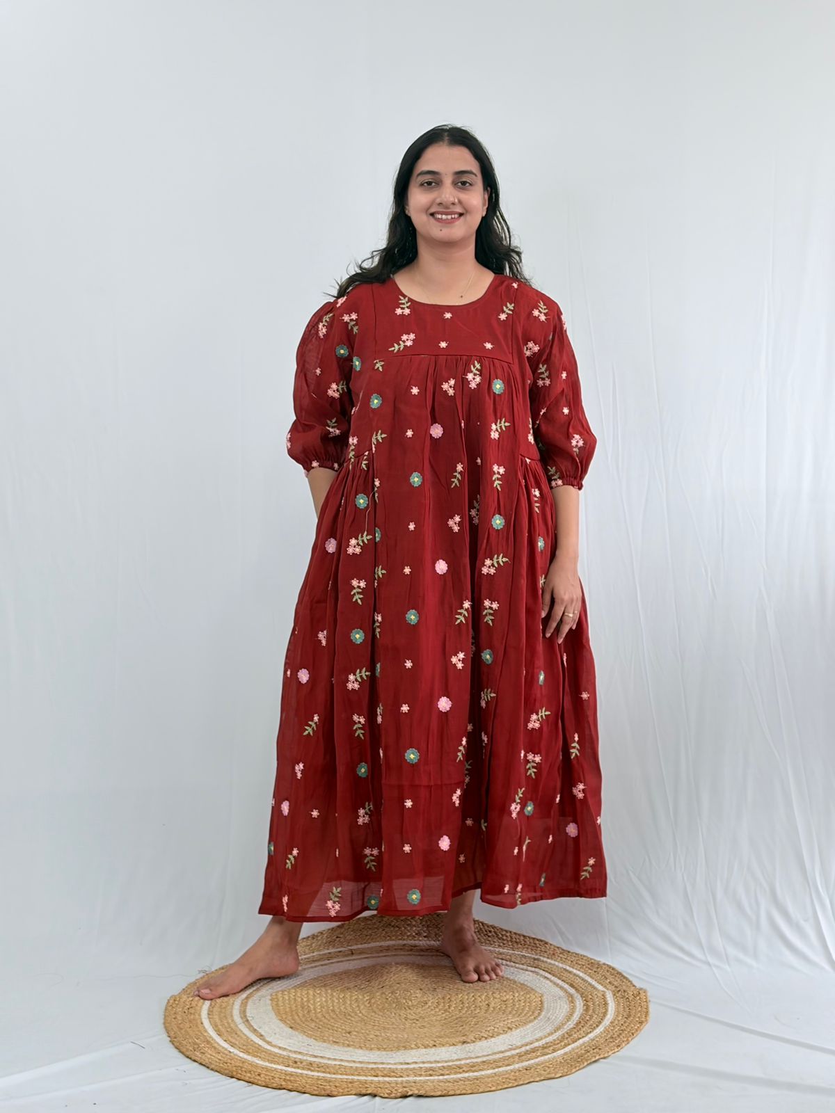 Rust Brown Floral Embroidered Mul Chanderi Feeding Kurti With Two Side Invisible Zip | Free Size | 46" length