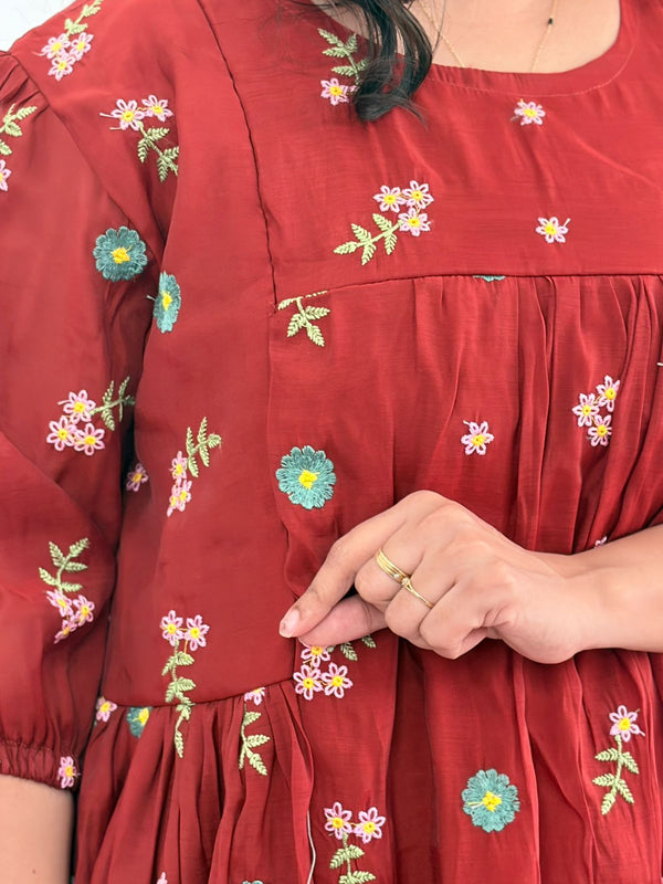 Rust Brown Floral Embroidered Mul Chanderi Feeding Kurti With Two Side Invisible Zip | Free Size | 46" length